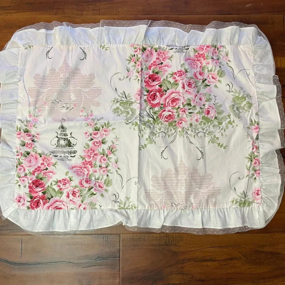 Handmade Floral Pillow Sham Size Standard Pink Shabby Chic Ruffle Mesh
